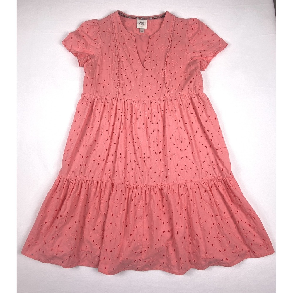 Knox Rose Womens Coral Pink Eyelet Tiered Mini Dress Short Sleeve Size S